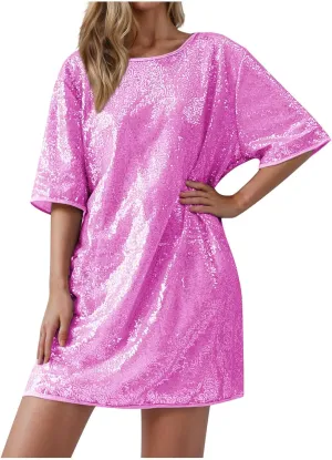 Womens Sequin Dress Short Sleeve Crewneck Party Dress Sparkly Club Dress Loose Fit Short Shift Dress