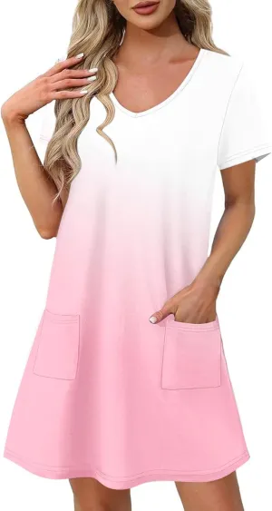 Womens Short Sleeve Casual Summer Dresses 2025 V Neck Shift Dress Loose Fit Flowy Short Dress