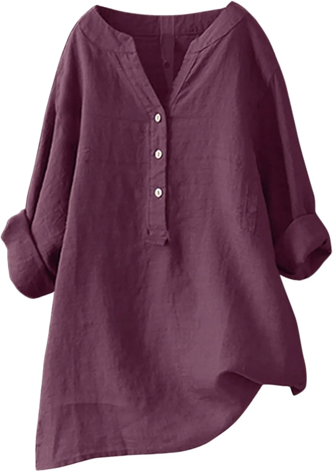 Women's Short Sleeve Linen Shirts Casual Crew Neck Lightweight T-Shirts Button Loose Fit Summer Tee Top