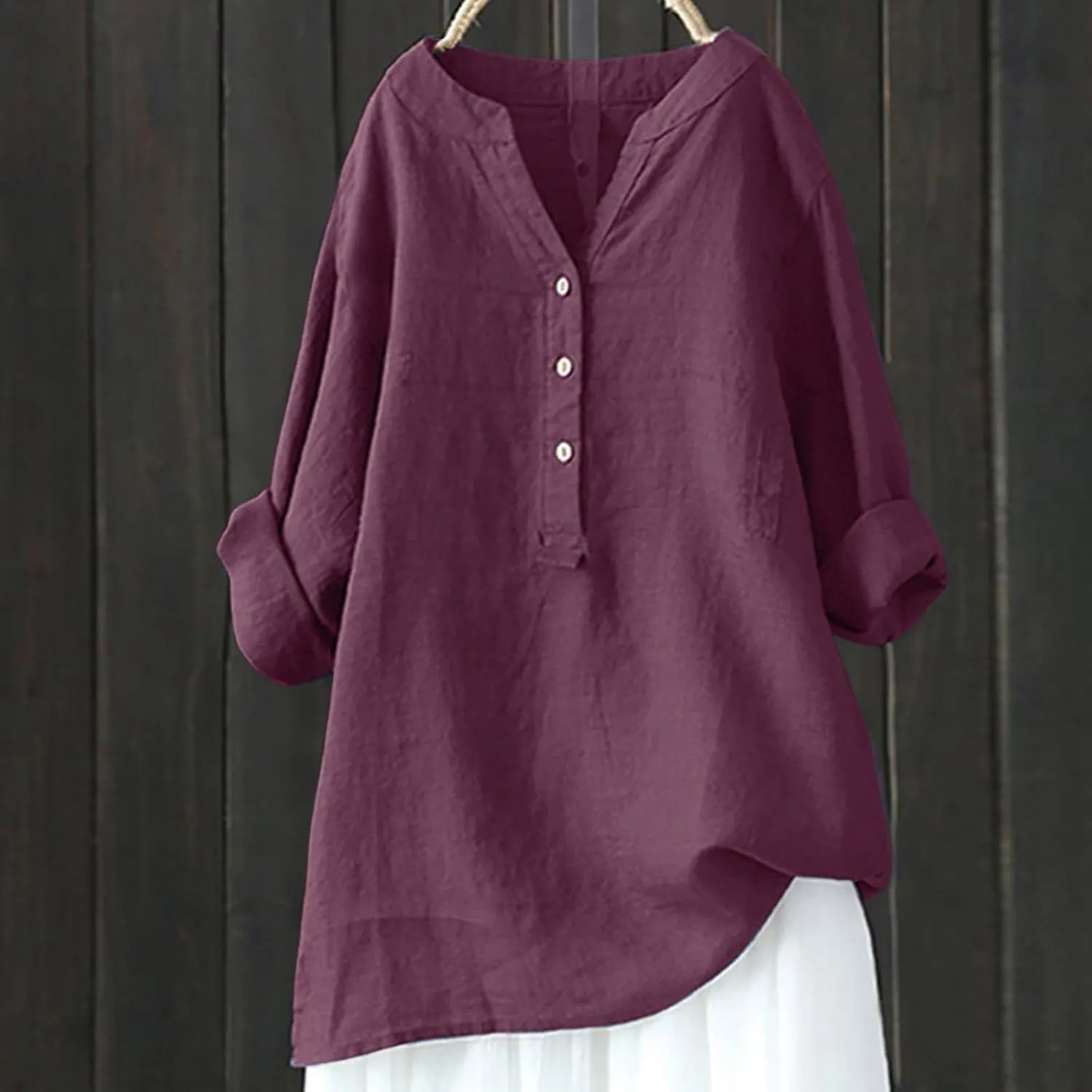 Women's Short Sleeve Linen Shirts Casual Crew Neck Lightweight T-Shirts Button Loose Fit Summer Tee Top