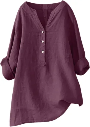 Women's Short Sleeve Linen Shirts Casual Crew Neck Lightweight T-Shirts Button Loose Fit Summer Tee Top