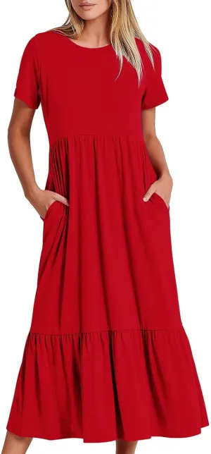 Women's Short Sleeve Pocket Swing Dresses Casual Loose Beach T-Shirt Dress Summer Flowy Ruffle Maxi Long Dress