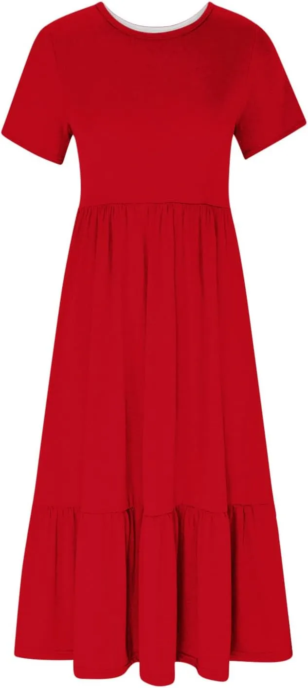 Women's Short Sleeve Pocket Swing Dresses Casual Loose Beach T-Shirt Dress Summer Flowy Ruffle Maxi Long Dress