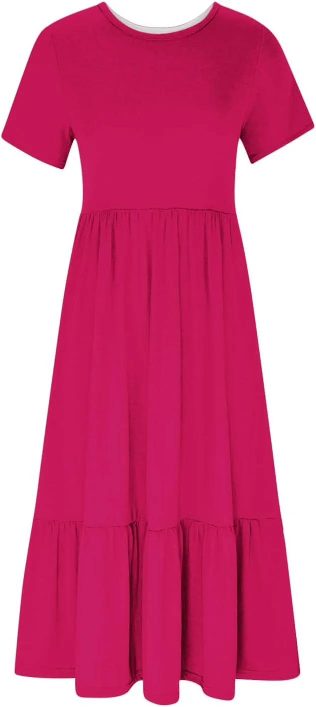 Women's Short Sleeve Pocket Swing Dresses Casual Loose Beach T-Shirt Dress Summer Flowy Ruffle Maxi Long Dress