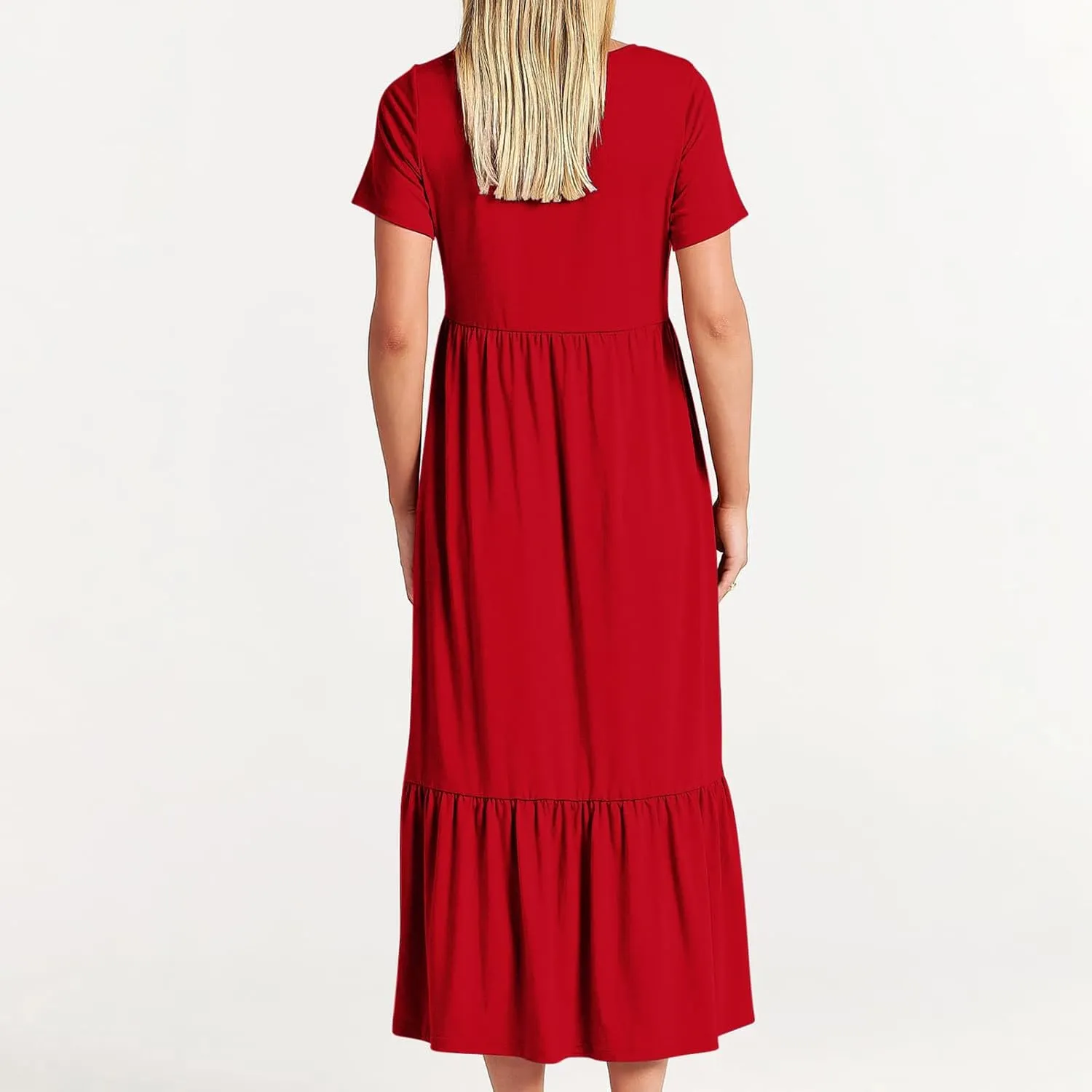 Women's Short Sleeve Pocket Swing Dresses Casual Loose Beach T-Shirt Dress Summer Flowy Ruffle Maxi Long Dress