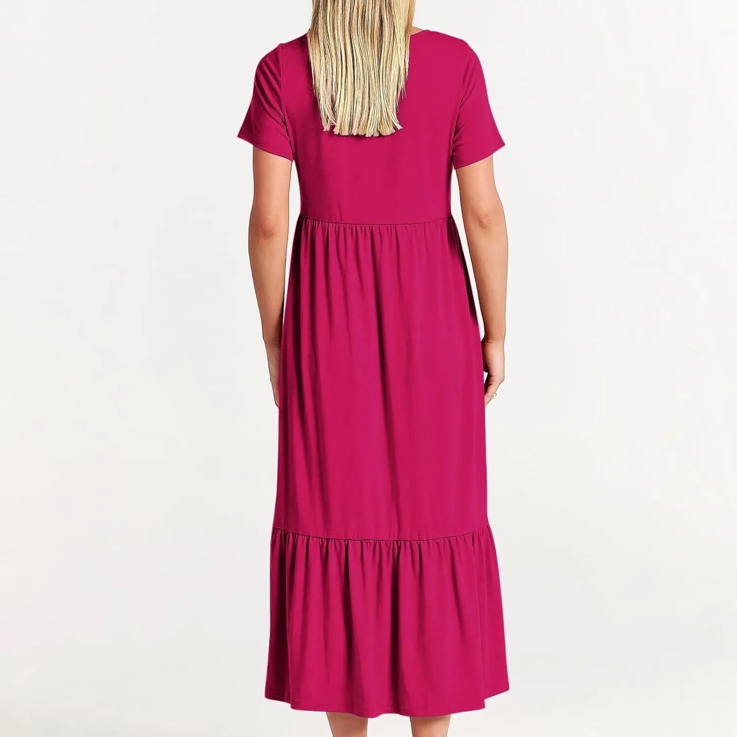 Women's Short Sleeve Pocket Swing Dresses Casual Loose Beach T-Shirt Dress Summer Flowy Ruffle Maxi Long Dress