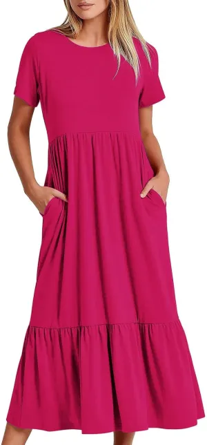 Women's Short Sleeve Pocket Swing Dresses Casual Loose Beach T-Shirt Dress Summer Flowy Ruffle Maxi Long Dress