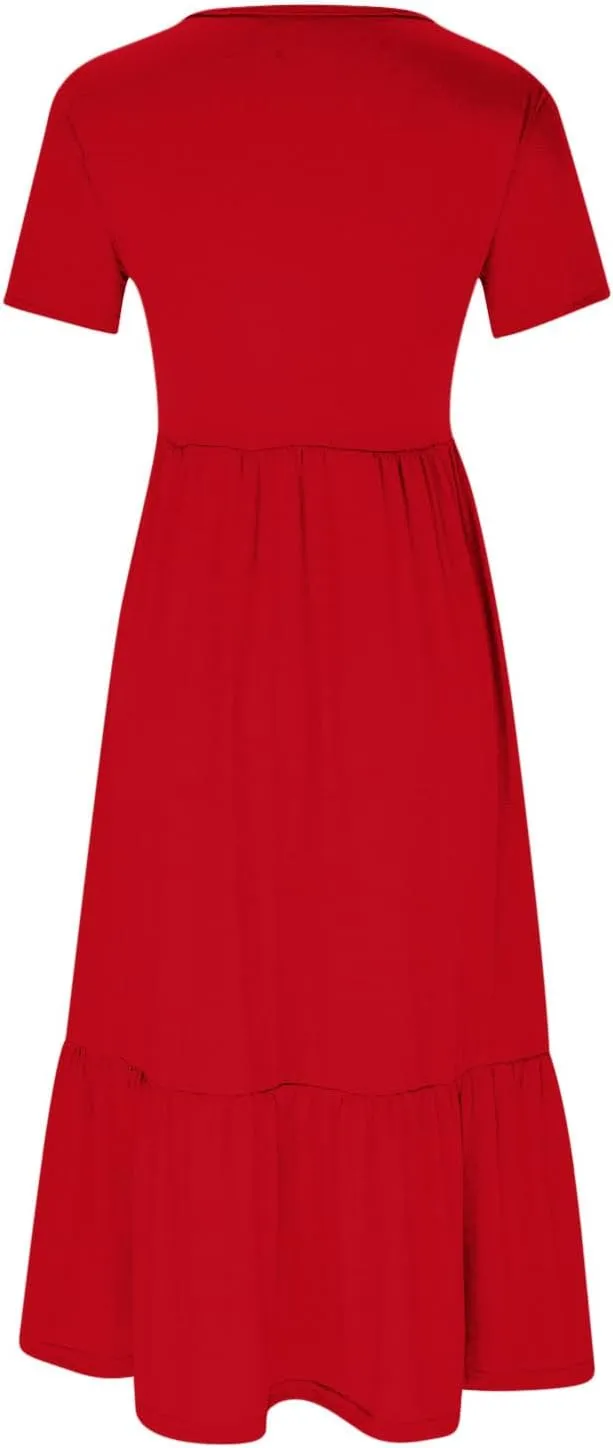 Women's Short Sleeve Pocket Swing Dresses Casual Loose Beach T-Shirt Dress Summer Flowy Ruffle Maxi Long Dress
