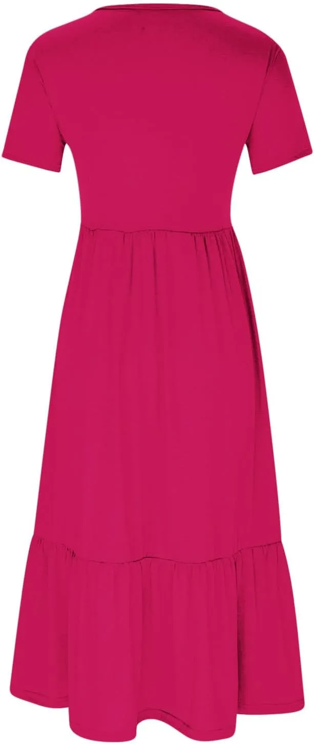 Women's Short Sleeve Pocket Swing Dresses Casual Loose Beach T-Shirt Dress Summer Flowy Ruffle Maxi Long Dress