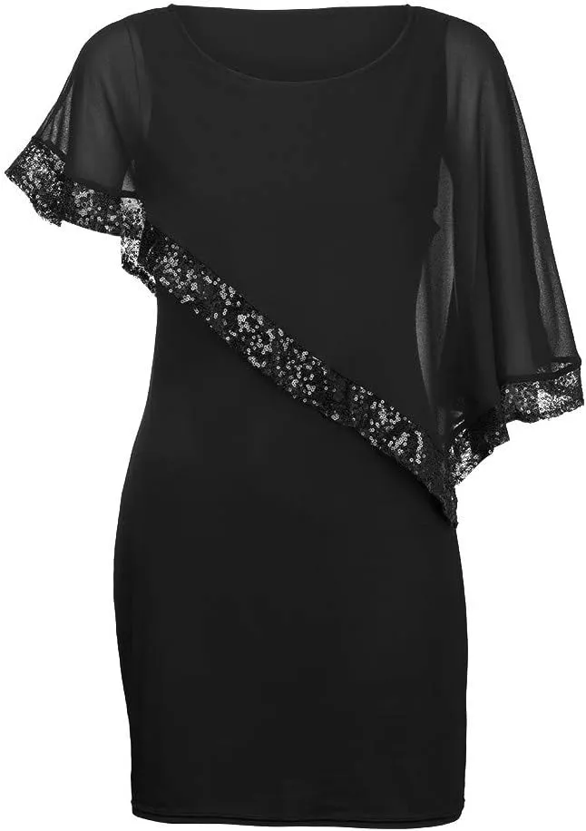 Women's Sleeveless Cape Dress Chiffon Overlay Bodycon Pencil Dress Strapless Sequins Dress Plus Size Dress