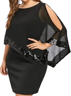 Women's Sleeveless Cape Dress Chiffon Overlay Bodycon Pencil Dress Strapless Sequins Dress Plus Size Dress