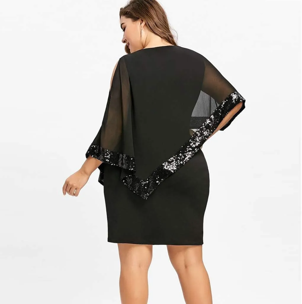 Women's Sleeveless Cape Dress Chiffon Overlay Bodycon Pencil Dress Strapless Sequins Dress Plus Size Dress