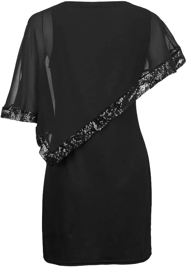 Women's Sleeveless Cape Dress Chiffon Overlay Bodycon Pencil Dress Strapless Sequins Dress Plus Size Dress