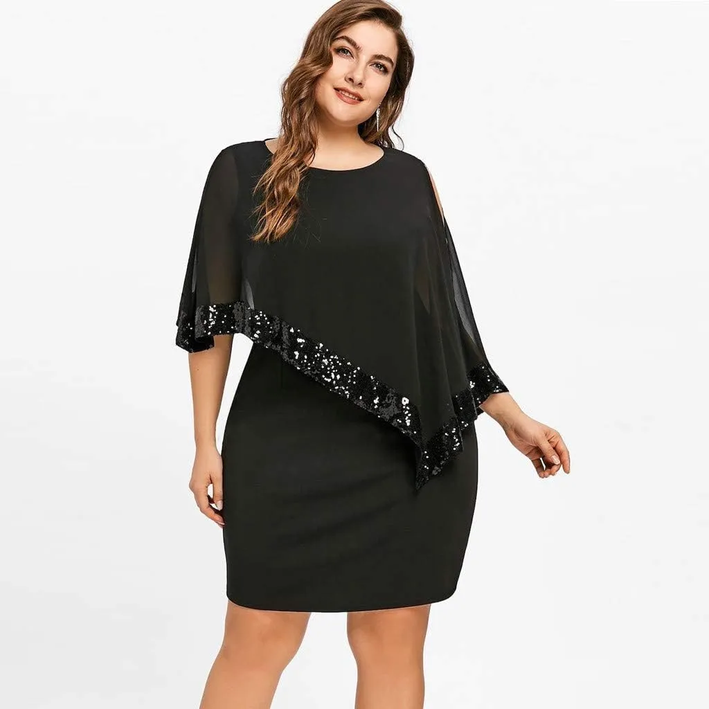 Women's Sleeveless Cape Dress Chiffon Overlay Bodycon Pencil Dress Strapless Sequins Dress Plus Size Dress