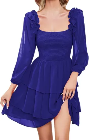 Women's Smocked Ruffle Mini Dresses Long Sleeve Square Neck High Waist Ruffle Hem Flowy Casual Party Dress