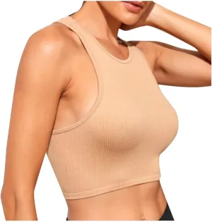 Women's Sports Tank Tops Ribbed Seamless Round Neck Workout Tank Tops Basic Workout Running Yoga Crop Top Athletic