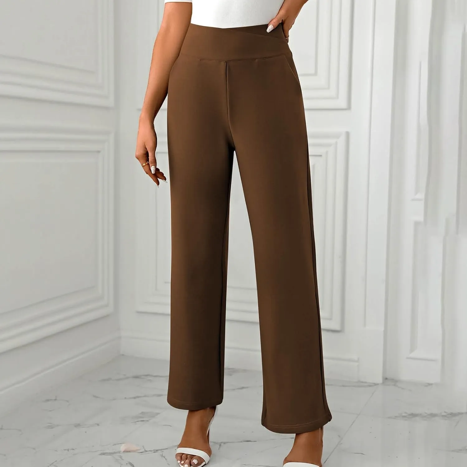 Women's Straight Leg Pants Casual Cotton Trousers High Waisted Yoga Pants Solid Color Palazzo Pant Office Work
