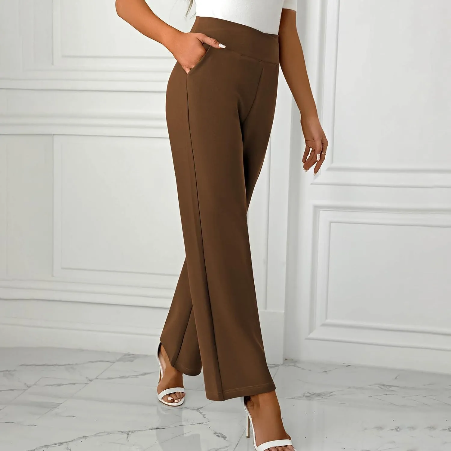 Women's Straight Leg Pants Casual Cotton Trousers High Waisted Yoga Pants Solid Color Palazzo Pant Office Work