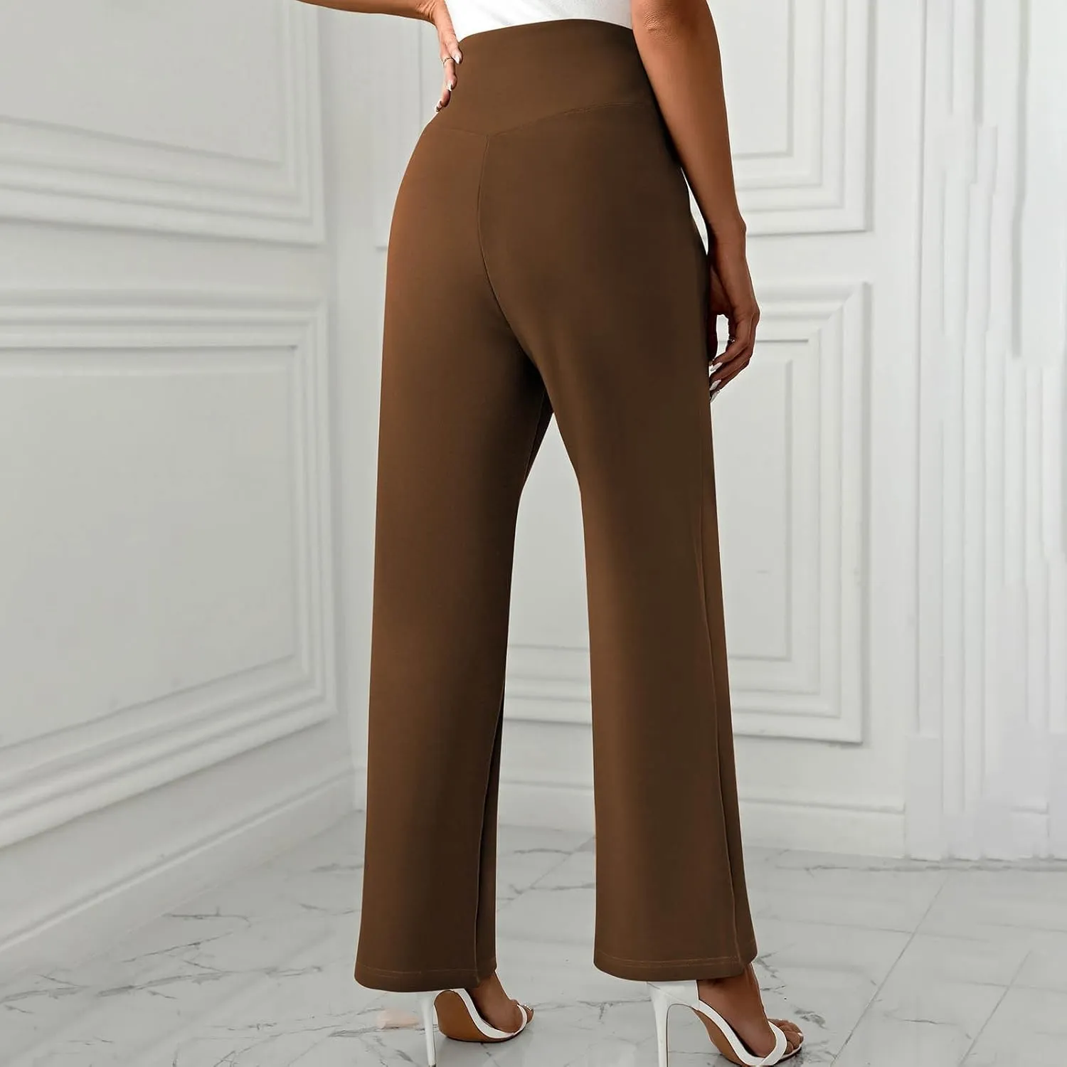 Women's Straight Leg Pants Casual Cotton Trousers High Waisted Yoga Pants Solid Color Palazzo Pant Office Work