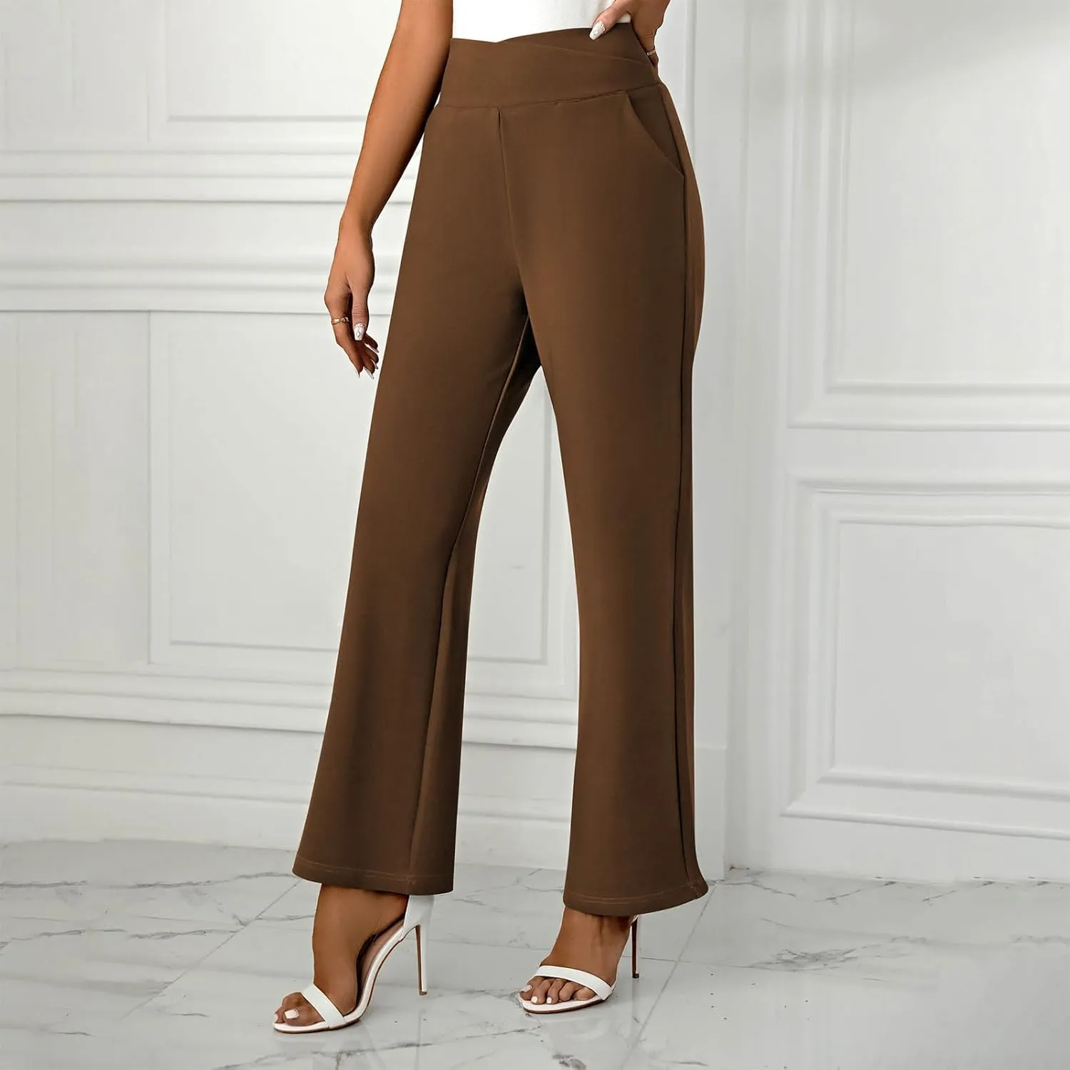 Women's Straight Leg Pants Casual Cotton Trousers High Waisted Yoga Pants Solid Color Palazzo Pant Office Work