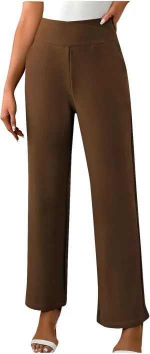 Women's Straight Leg Pants Casual Cotton Trousers High Waisted Yoga Pants Solid Color Palazzo Pant Office Work