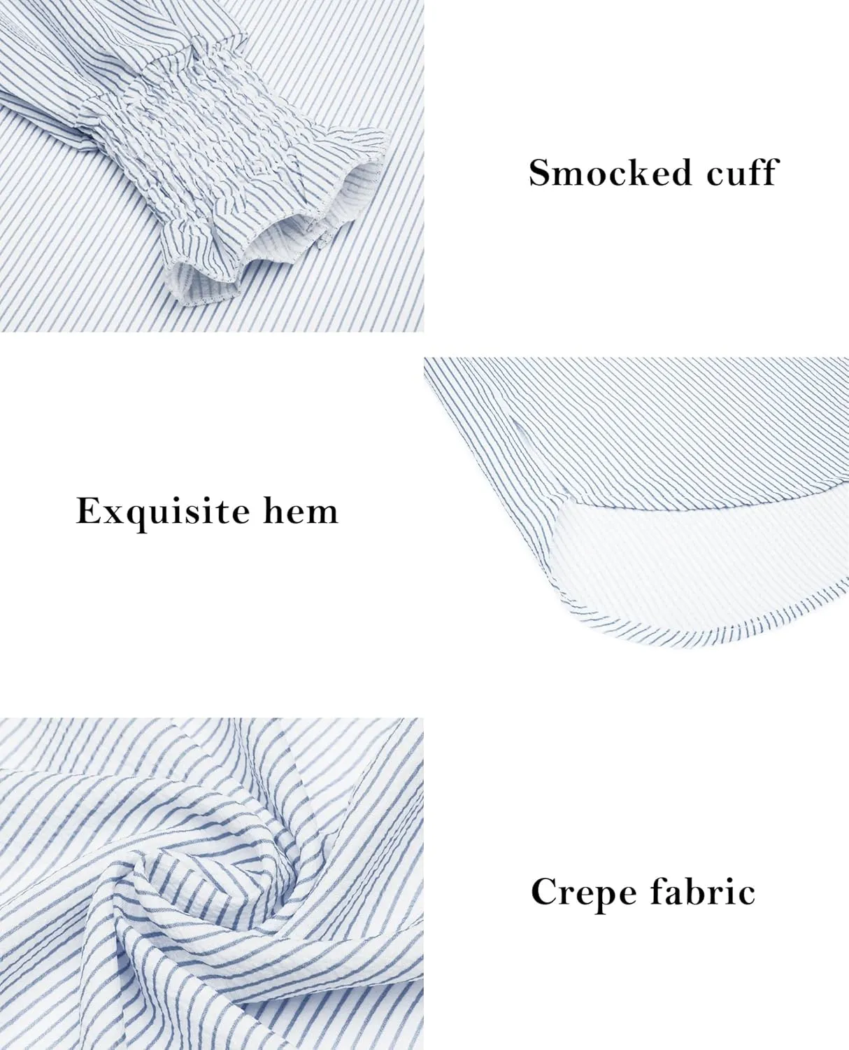 Women's Striped Button Down Shirts Long Sleeve Smocked Cuffed Oversized Boyfriend Blouses Collared Work No Pockets Tops