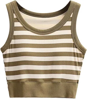 Womens Striped Tank Tops with Built in Bra Sexy Crop Padded Preppy Yoga Shirts Vintage Color Block Sleeveless Tees