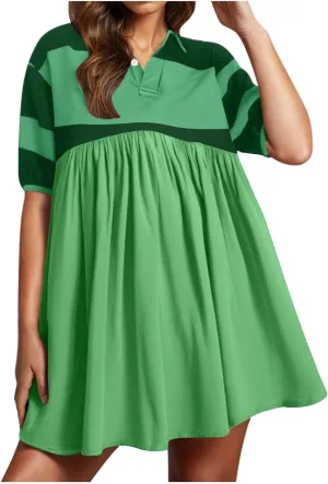 Womens Summer Babydoll Dresses Oversized Casual Short Sleeve Color Block Collared V Neck Flowy Shirt Mini Dress Plus
