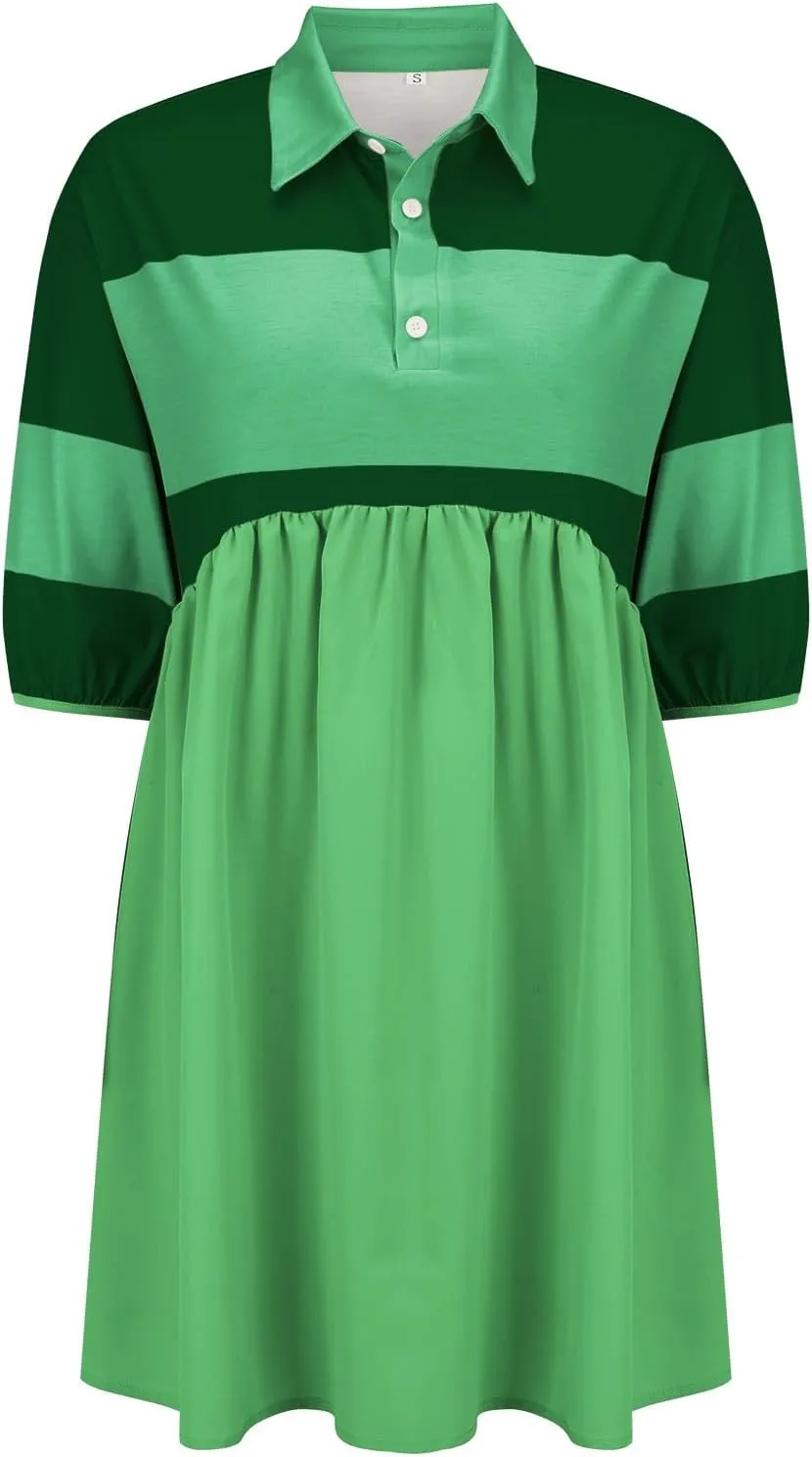 Womens Summer Babydoll Dresses Oversized Casual Short Sleeve Color Block Collared V Neck Flowy Shirt Mini Dress Plus