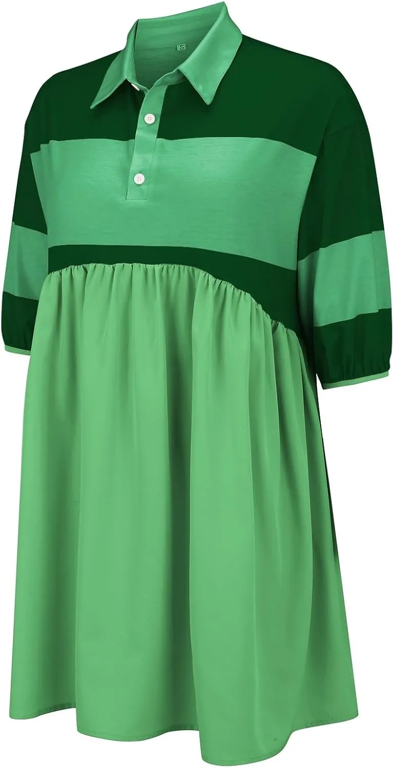 Womens Summer Babydoll Dresses Oversized Casual Short Sleeve Color Block Collared V Neck Flowy Shirt Mini Dress Plus