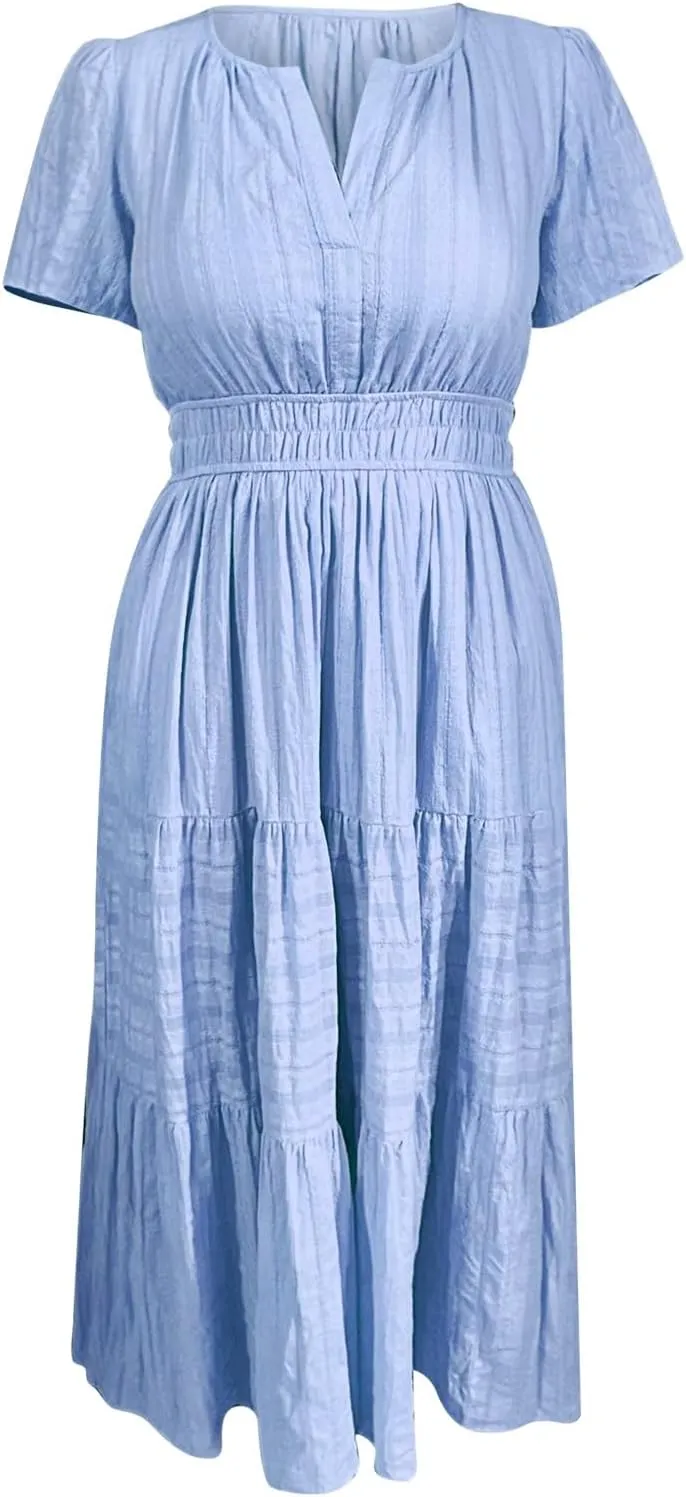 Women's Summer Boho Maxi Dresses Floral Short Sleeve V Neck A Line Tiered Ruffle Flowy Long Beach Vacation Dress