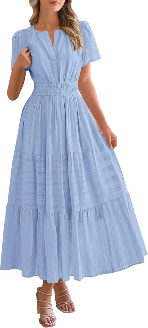 Women's Summer Boho Maxi Dresses Floral Short Sleeve V Neck A Line Tiered Ruffle Flowy Long Beach Vacation Dress