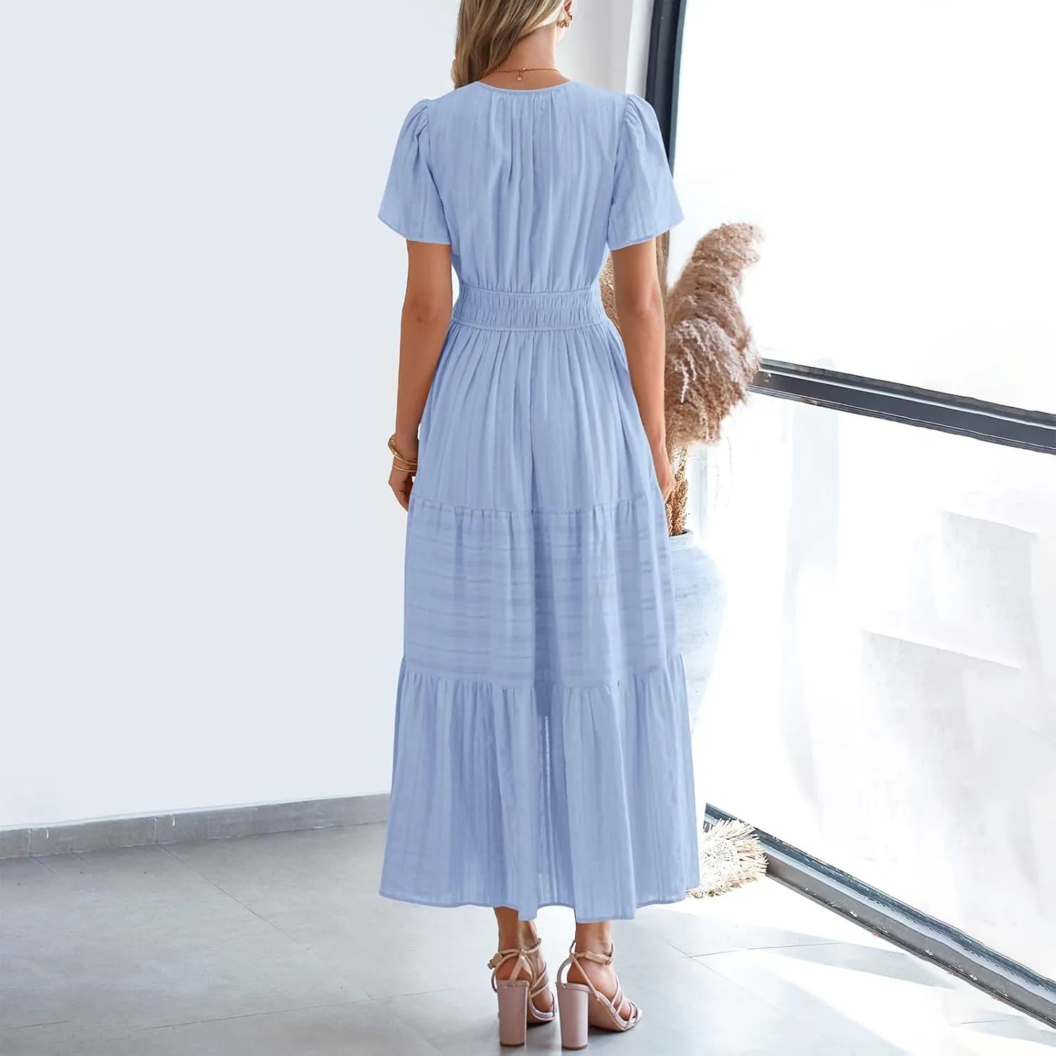 Women's Summer Boho Maxi Dresses Floral Short Sleeve V Neck A Line Tiered Ruffle Flowy Long Beach Vacation Dress