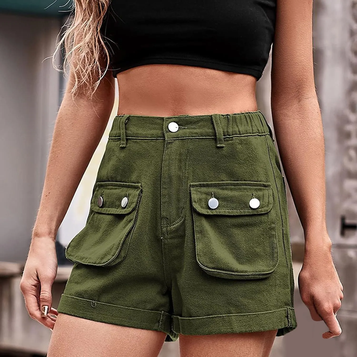 Women's Summer Cargo Denim Shorts Button Zipper Pockect Solid Jean Shorts Work Out High Waisted Jorts