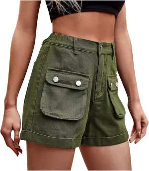 Women's Summer Cargo Denim Shorts Button Zipper Pockect Solid Jean Shorts Work Out High Waisted Jorts