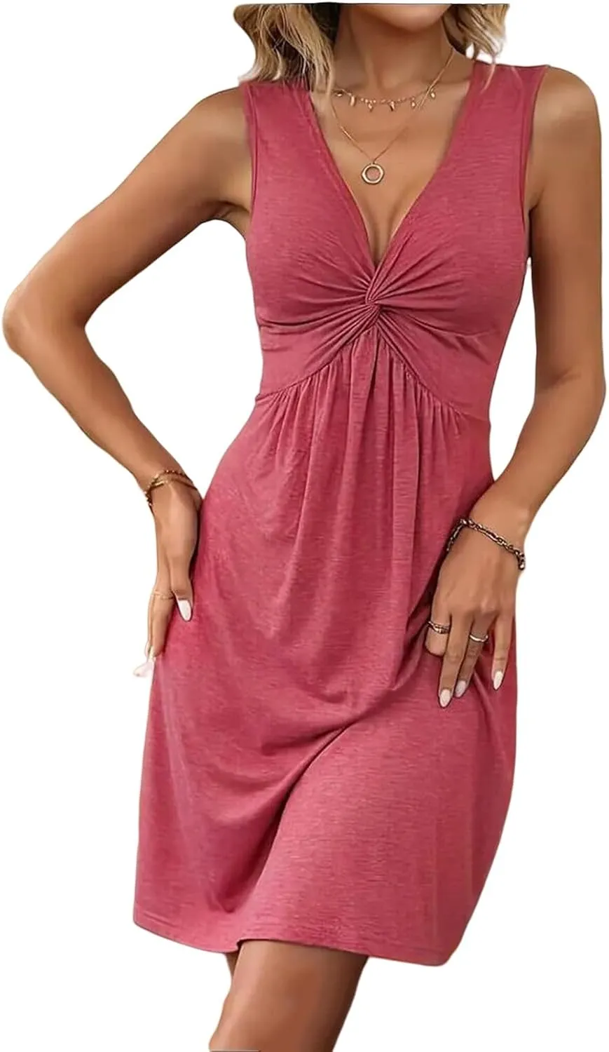 Womens Summer Casual Dress V Neck Front Knotted Tank Dresses Solid A Line Midi Dress 2025 Sexy Beach Sundress