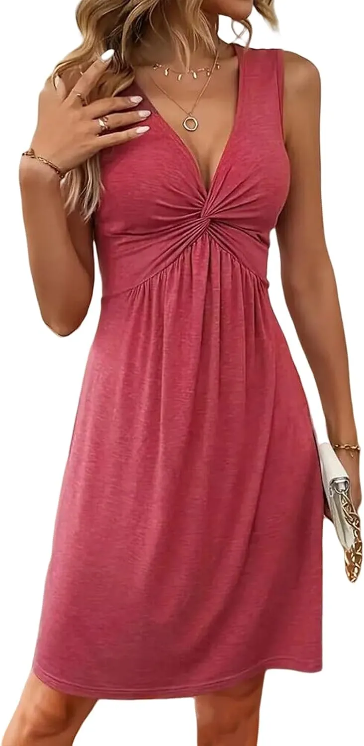 Womens Summer Casual Dress V Neck Front Knotted Tank Dresses Solid A Line Midi Dress 2025 Sexy Beach Sundress