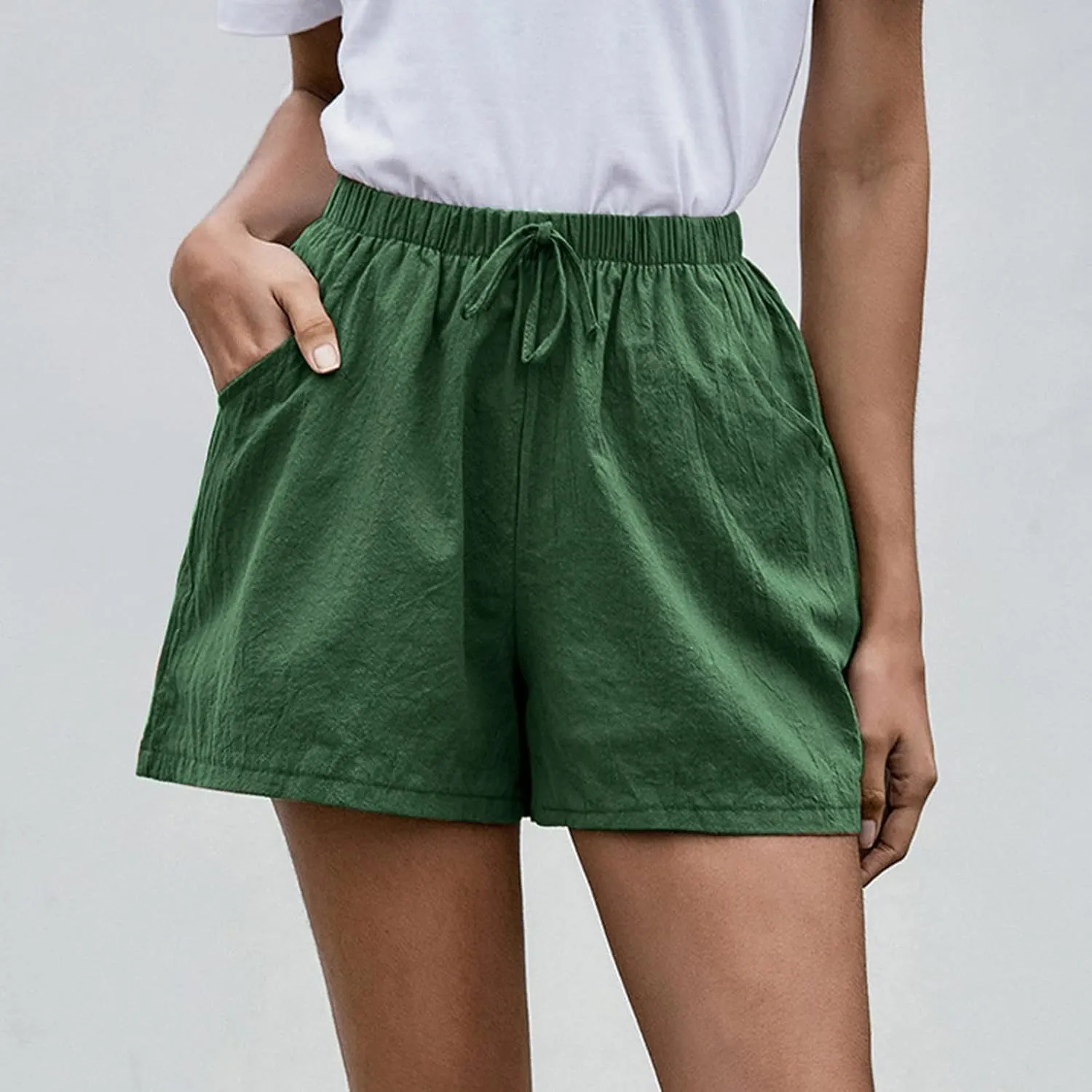 Womens Summer Casual Shorts 2024 Trendy Elastic High Waisted Cotton Linen Shorts Loose Lightweight Shorts with Pocket