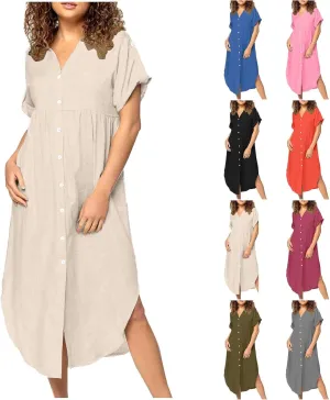 Women's Summer Cotton Linen Button Down Collar Dress Casual Loose Long Sleeve Maxi Shirt Dresses with Pockets 2025