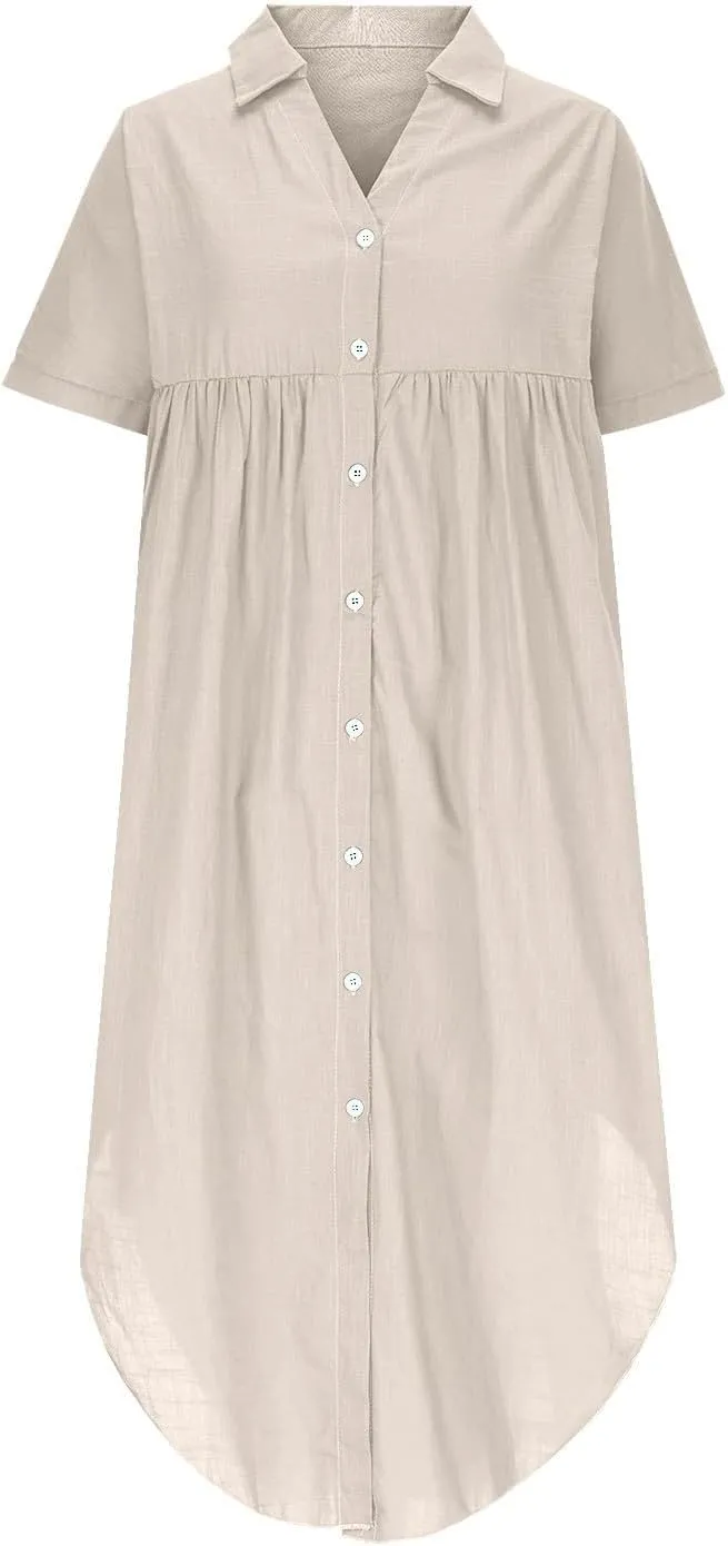 Women's Summer Cotton Linen Button Down Collar Dress Casual Loose Long Sleeve Maxi Shirt Dresses with Pockets 2025