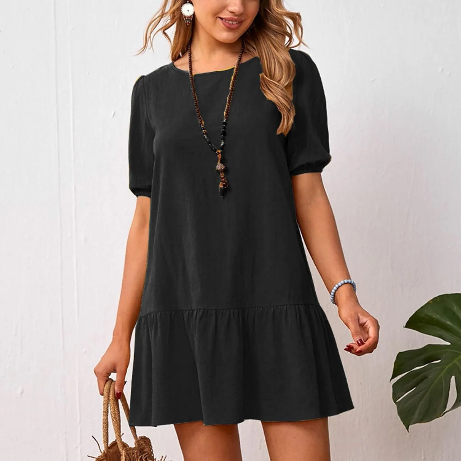Womens Summer Cotton Linen Casual Dresses Beach Coverup Loose Short Sleeve Crewneck T Shirt Dress 2025 Midi Sundress