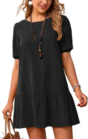 Womens Summer Cotton Linen Casual Dresses Beach Coverup Loose Short Sleeve Crewneck T Shirt Dress 2025 Midi Sundress