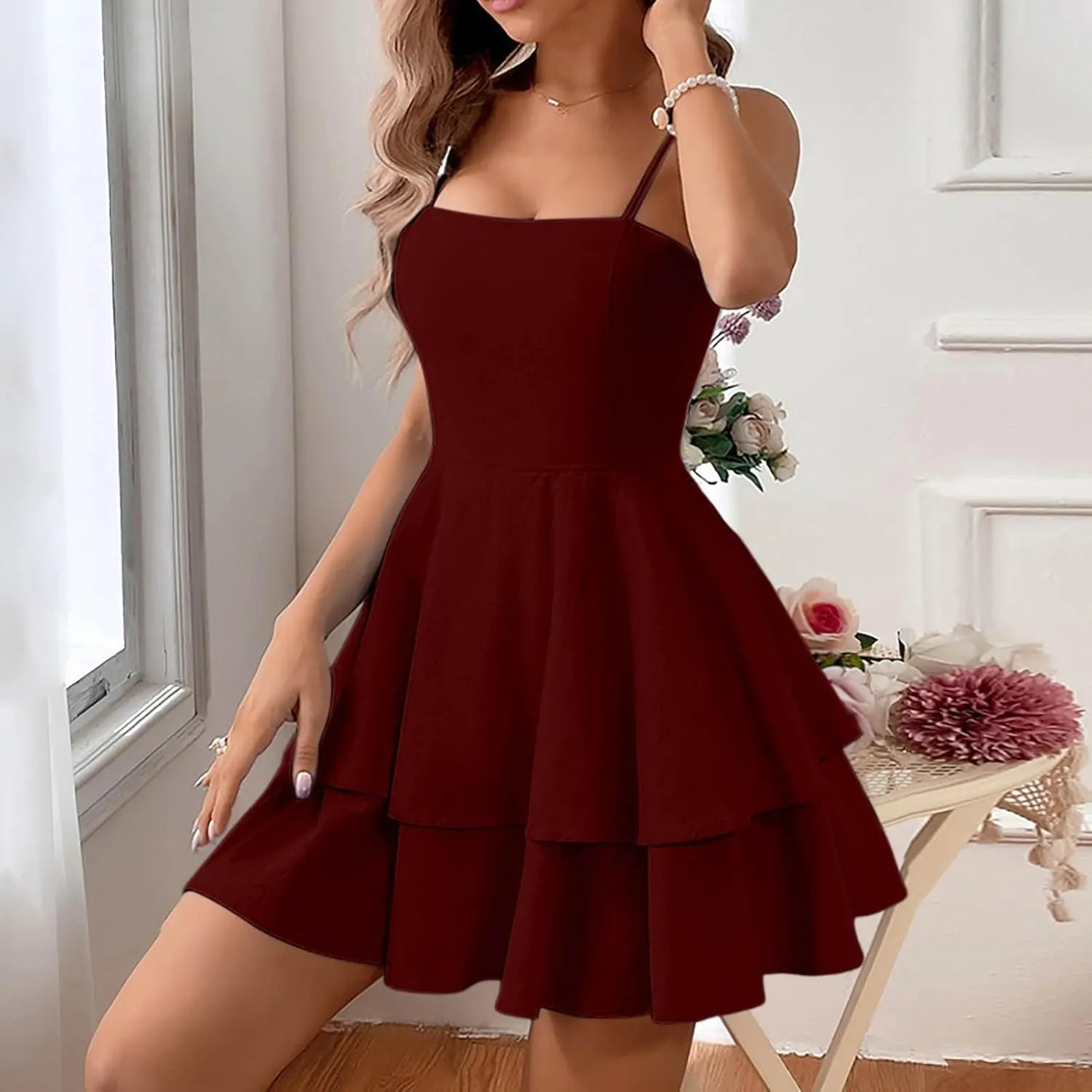 Womens Summer Dress Beach Casual Loose Tshirt Square Neck Strap Mini Dresses Back Bowknot Sun Dresses for Women