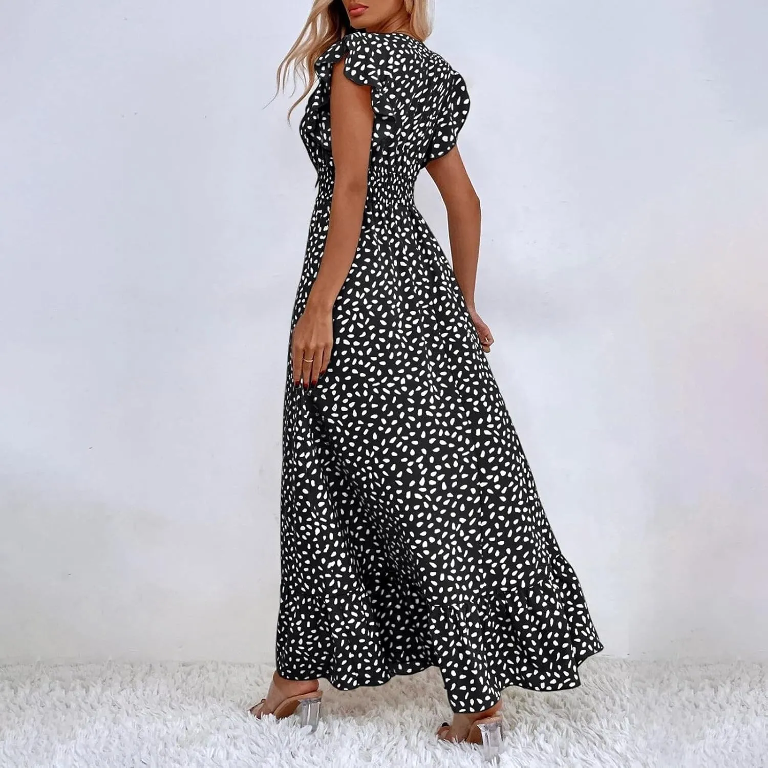 Womens Summer Dress Ruffle Sleeve V Neck Midi Dresses Fashion Casual Fit Flowy Tiered Boho Beach Vacation Sundress