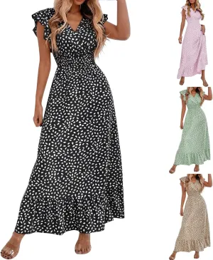 Womens Summer Dress Ruffle Sleeve V Neck Midi Dresses Fashion Casual Fit Flowy Tiered Boho Beach Vacation Sundress