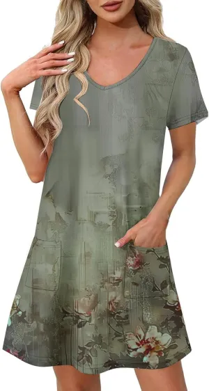 Womens Summer Dresses 2025 Short Sleeve V Neck Floral Shirt Dress Loose Fit Shift Sundress