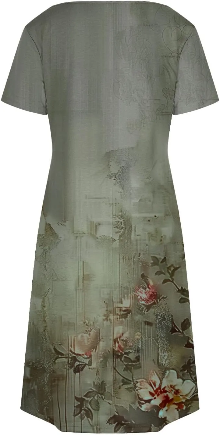 Womens Summer Dresses 2025 Short Sleeve V Neck Floral Shirt Dress Loose Fit Shift Sundress