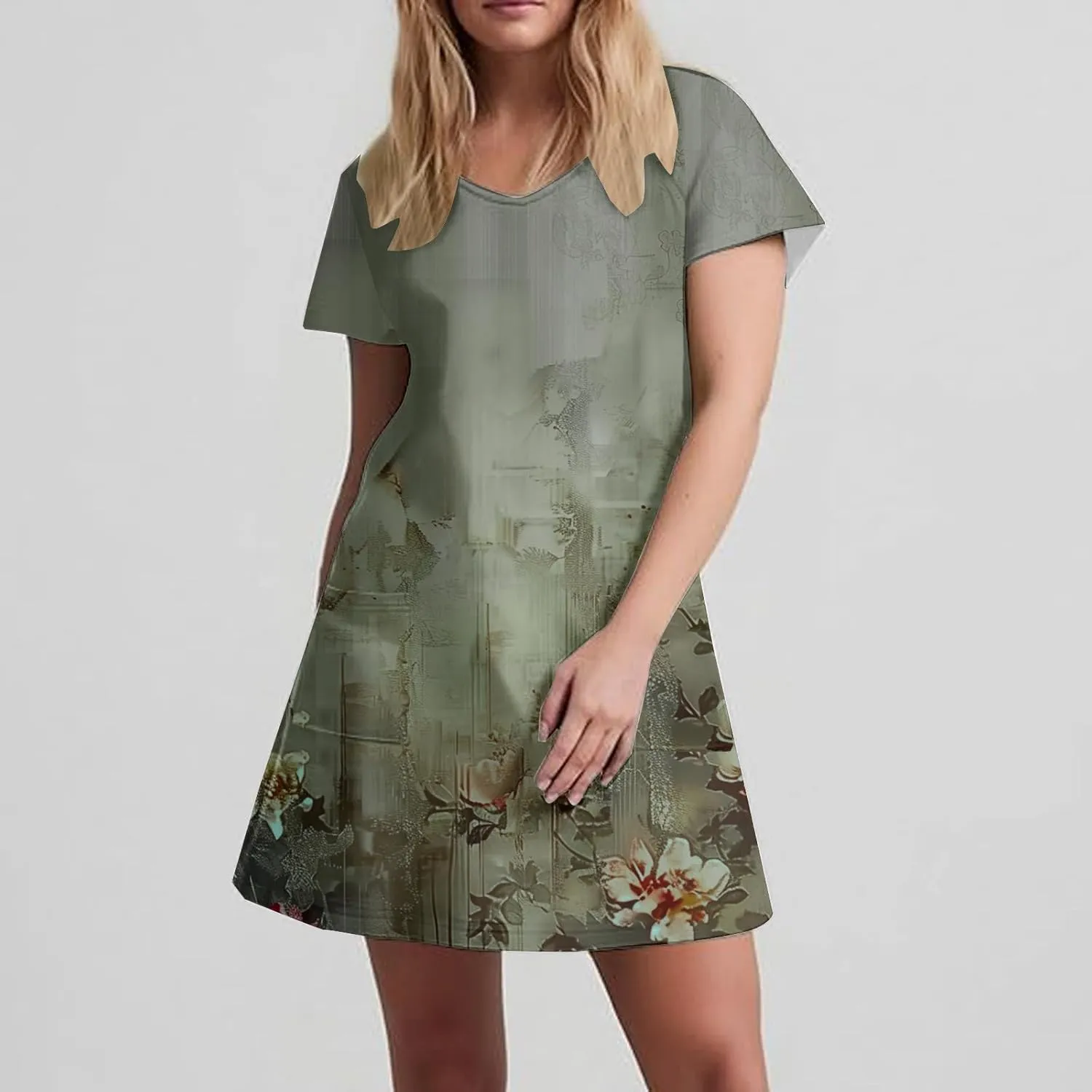 Womens Summer Dresses 2025 Short Sleeve V Neck Floral Shirt Dress Loose Fit Shift Sundress