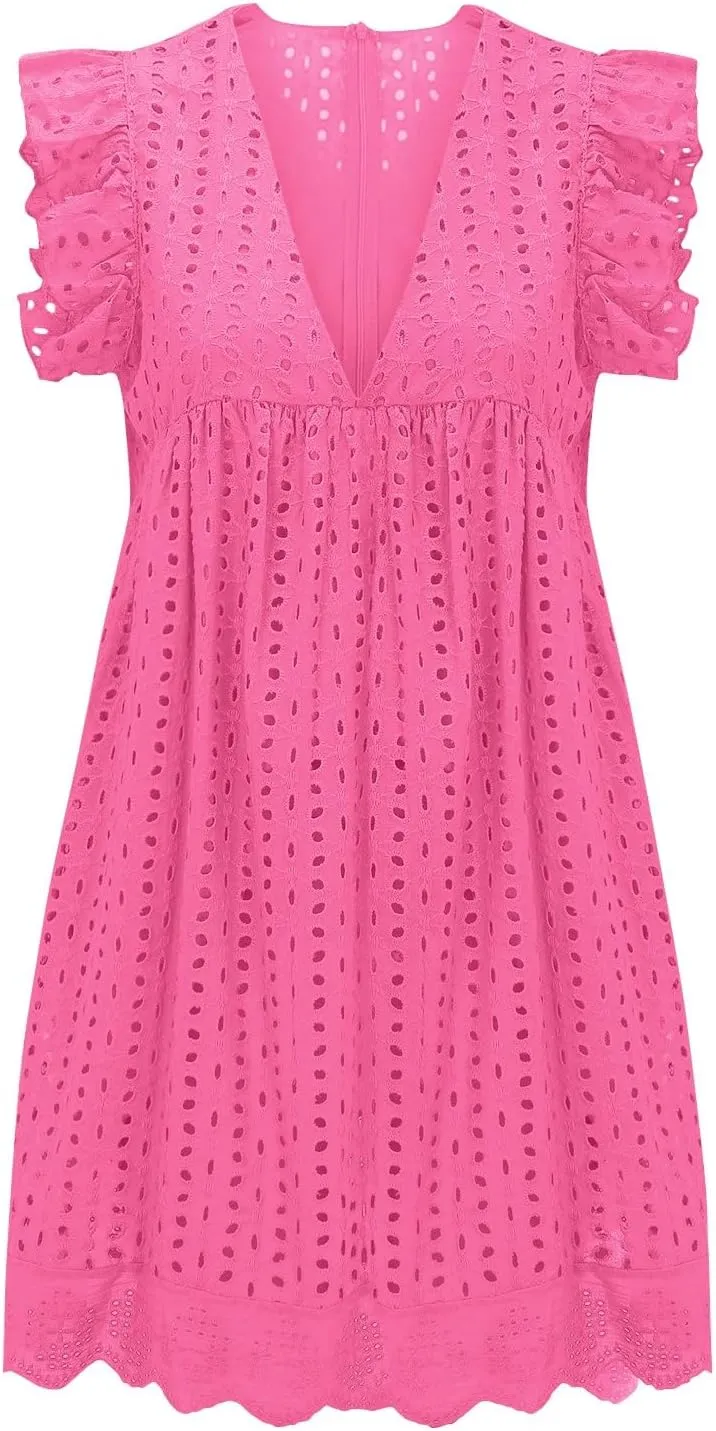 Womens Summer Dresses Cap Sleeve Babydoll Eyelet Ruffle V Neck Mini Dress Plus Size Casual Loose Sundress with Pockets Party
