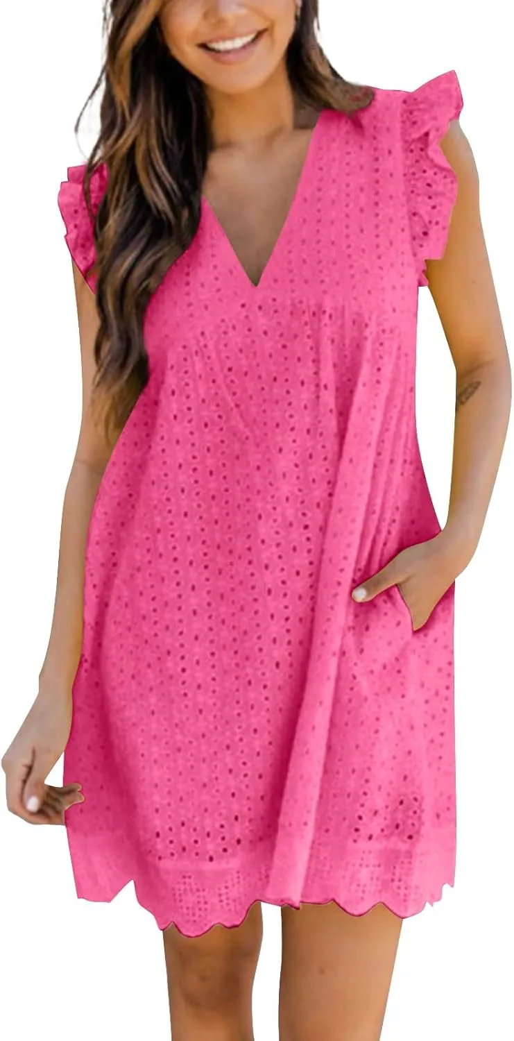 Womens Summer Dresses Cap Sleeve Babydoll Eyelet Ruffle V Neck Mini Dress Plus Size Casual Loose Sundress with Pockets Party